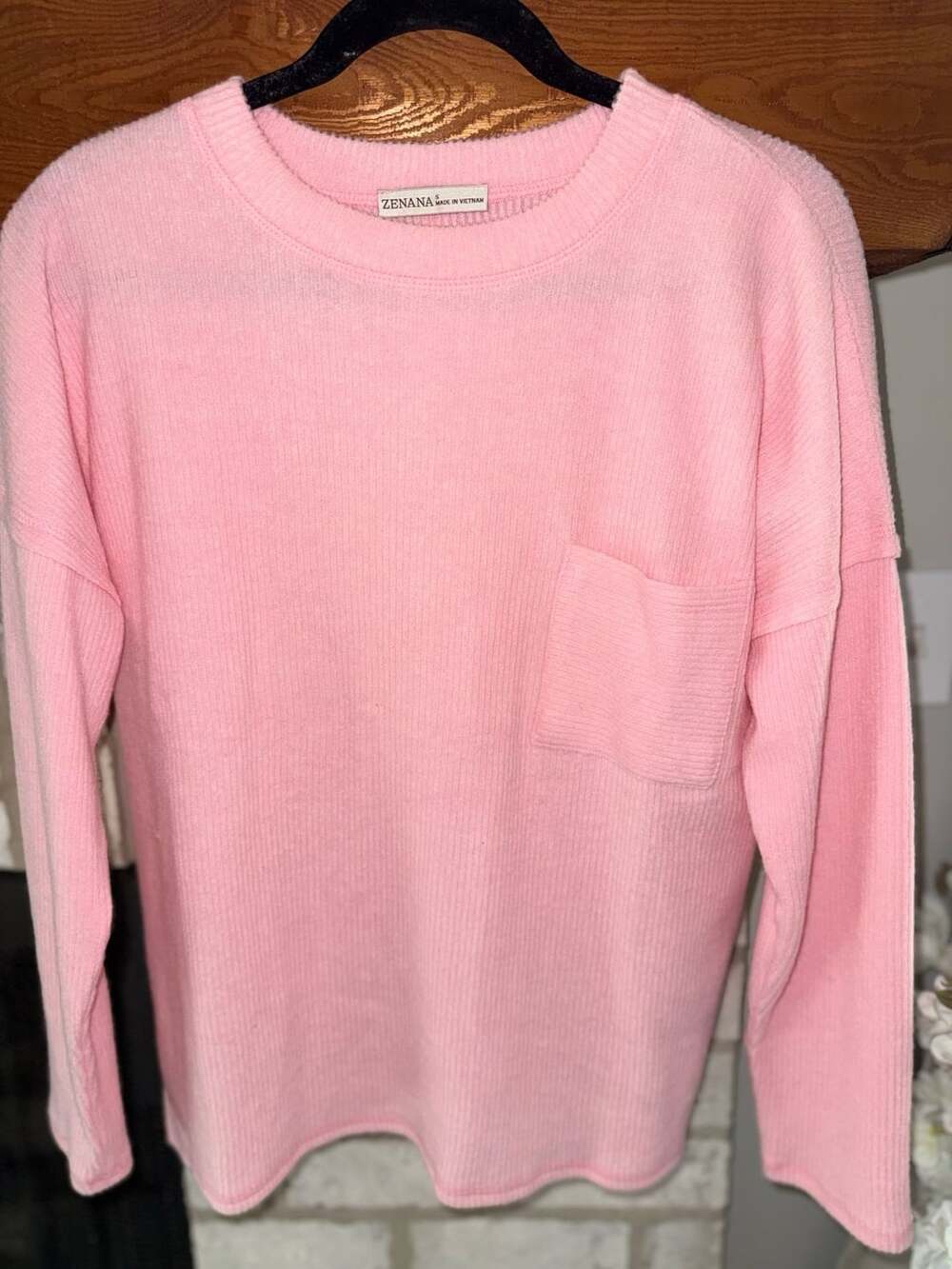 Zenana Ribbed Brushed Melange Hacci Sweater with Chest Pocket Pink Small NEW